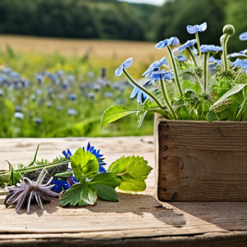 **

A rustic wooden table laden with foraged wild herbs like borage and dandelion alongside common herbs. Focus on the textures and colors of the herbs. A blurred background showing a field or countryside setting. Emphasis on natural light.

**