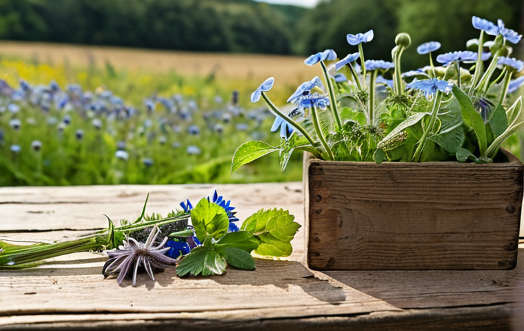 **

A rustic wooden table laden with foraged wild herbs like borage and dandelion alongside common herbs. Focus on the textures and colors of the herbs. A blurred background showing a field or countryside setting. Emphasis on natural light.

**