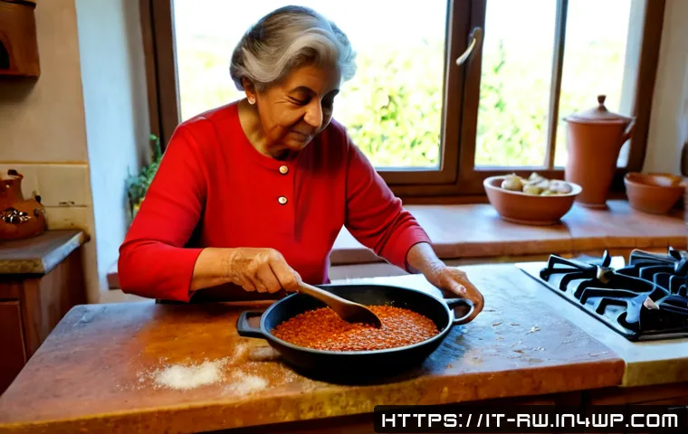 Home 10 전통 조미료의 매력적인 조리법 - Photorealistic rustic Italian kitchen scene, an elderly Italian woman in modest everyday clothing se...
